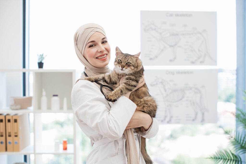 Smiling vet holding senior cat peacefully