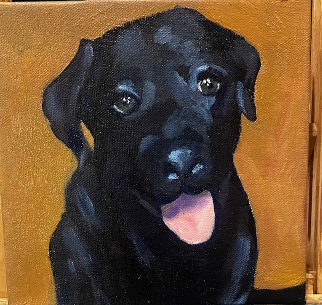 Senior dog with tongue painting