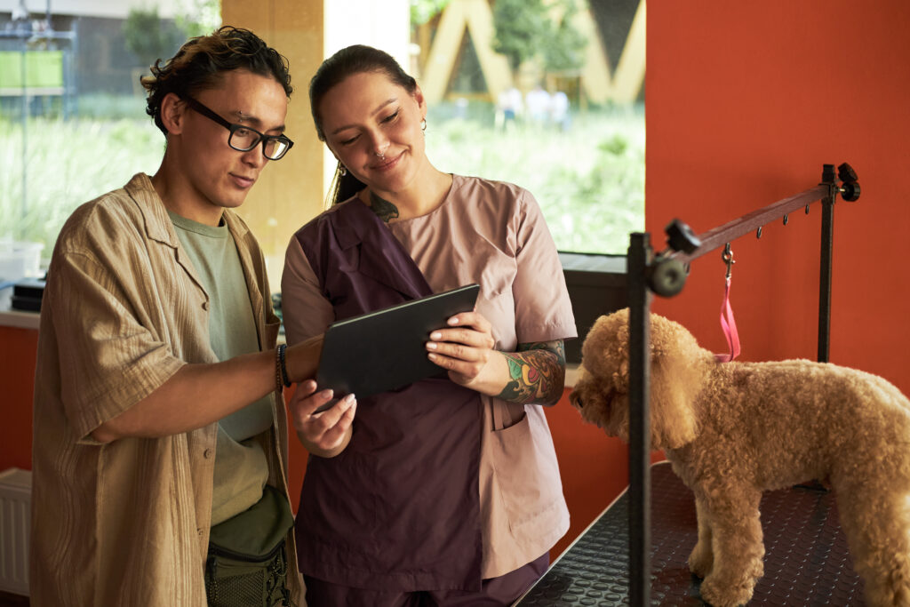 Pet grooming consultation with dog on table